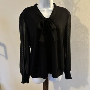 Adrianna Papell Women’s L Black Bow Tie Blouse Sheer Dot Sleeve Top NWT